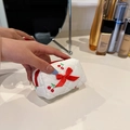 Mini white quilted cotton pouch with red cherry patterns and decorative bow - Red Ribbon Cherry Pattern
