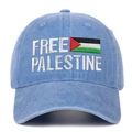 Close-up of Free Palestine embroidery and national flag on light blue washed cotton cap - Light Blue