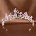 Silver bridal tiara featuring pink marquise crystals and intricate rhinestone patterns - Silver Pink