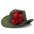 Detail of dark green felt cowboy hat featuring red flower, feathers and bead accents - M (56-58cm) / Army Green