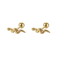 Detail of golden snake-shaped stud earrings featuring intricate scale textures and ball backs - Single Piece / Gold