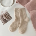 Thick beige mink velvet crew socks with heart embroidery and soft plush texture - Solid Khaki