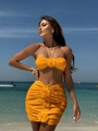 Vibrant orange two-piece bikini set with handmade 3D roses and ruched mini skirt - Yellow