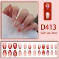 Long almond press-on nails with pink gradient, red French tips and glitter rhinestones - 24 Pcs/Set / Nude Pink Dark Red French Rhinestone Aurora Drill Style (D413)