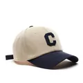 Vintage baseball cap with navy blue brim and large 'C' patch on beige fabric - Adjustable / Navy Blue