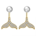 Golden mermaid tail earrings with white freshwater pearls and cubic zirconia stones - Golden Fishtail Rhinestone Pearl Stud Earrings (GPE34)