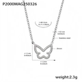 Silver stainless steel butterfly necklace with white zircon pavé and detailed measurements - 40+5cm / Steel Color / White Zirconia
