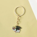 Golden graduation keychain featuring a black mortarboard hat and red rose charm pendant - Style 1 (Flat Ring)