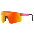 Pink sports sunglasses with orange mirrored lens and blue splatter pattern frame - Pink Frame Blue Splatter Orange Red Lens (C24)