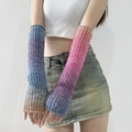 Rainbow gradient wool knit arm warmers with thick ribbed texture for winter warmth - Arm Warmers / Gradient Red Blue / [product Attributes] A Pair Of Knitted Arm Sleeves (arm Covers) Featuring A Gradient Color Design; One Is Blue-purple-brown And The Other Is Pinkish-purple-blue With A Distinct Ribbed Knit Texture. The Material Should Be Wool Or A Blend. This Is A Model Image Showcasing The Product's Wearing Effect. [visual Presentation] The Model Is Wearing A White Tank Top And Denim Mini Skirt Standing And Displaying The Arm Sleeves. The Background Is A Clean White Wall With Natural Soft Lighting. The Image Is Clear Sharp Accurately Exposed Noise-free And High-resolution. The Composition Is Professional And Simple The Colors Are Harmonious And The Visual Appeal Is Strong. The Image Quality And Aesthetics Are Rated As High. [text Content] No Visible Text Logos Watermarks Or Certification Marks Were Extracted From The Image. [review Conclusion] The Decision Is Approved Because The Product's Main Body Is Clear And There Is No Text Or Illegal Content Requiring Processing. [logistics Labels] None. [infringement Risk] None. [product Parameters] No Text Parameters Were Identified.