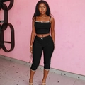 Slim fit black two-piece set with lace trim and bow detail for summer casual wear - Black
