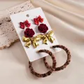 Set de 6 boucles d'oreilles avec roses en velours rouge, nœuds et créoles léopard - Tige en Argent-Or-Rouge-Café (Ensemble de 6 Pièces)