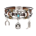 Detail of Western cowboy leather bracelet featuring horseshoe and cactus metal charms - 02-Western Cowboy