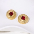 French vintage style gold spiral stud earrings with red gemstones on white base - Red