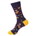 Dunkelblaue Socken mit gelben Akzenten und mexikanischen Tag der Toten Skelett-Gitarristen - 1385-Dunkelviolettes Gitarrenskelett