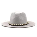 Classic grey woven straw Panama hat with a bohemian beaded band for summer beach style - M (56-58cm) / Gray