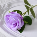 Lifelike artificial purple rose with velvet petals and green leaves on a white plate - 7cm / Purple (Silk Cloth)