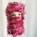 Pink patchwork shaggy knit balaclava mask with long fringe tassels for winter warmth - One Size / Pink and Black