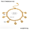 Macro detail of golden stainless steel bracelet with spiral charms and sizing info - Gold Color Anklet