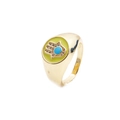 Golden Hamsa hand open ring with green enamel and blue gemstone on white background - Adjustable Open / Light Green