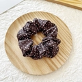 Brown scrunchie with white polka dots in satin finish on a wooden tray - Coffee with White Polka Dots