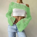 Dettaglio di un maglione in maglia verde chiaro con motivo a rete e maniche svasate - XS / Verde fluorescente