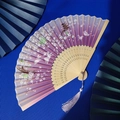 Purple and pink gradient folding fan with cherry blossoms, rabbit, and tassel pendant - Purple Pink Gradient Rabbit Butterfly