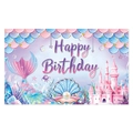 Sfondo di compleanno con sirena e castello in rosa e blu per decorazioni party - Sfondo a Tema Sirena