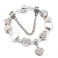 Detail of silver snake chain bracelet with heart charms and white glass beads - Shining Heart Theme (L07)