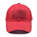 Close-up of red baseball cap featuring matching American flag embroidery on cotton twill - Burgundy