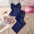 Dunkelblaues Seiden-Pyjama-Set mit Camisole-Top und langer Hose für Damen - S / Marineblau