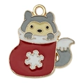 Christmas enamel charm featuring a grey wolf in a red snowflake sock with gold metal ring - Christmas Sock Wolf Fox 24x21mm