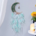 Crescent moon dreamcatcher with tree of life green stones and blue feathers wall decor - Midsummer Crystal Tree