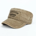 Detailed view of khaki washed canvas military cap with Survivor embroidery patches - Khaki