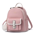 Pink and white mini faux leather backpack for women with plush ball charm and top handle - Small / Pink