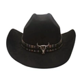 Klassischer schwarzer Cowboyhut mit buntem Ethno-Band und Stierschädel-Verzierung - Schwarz