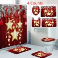Detail of 4-piece red Christmas bathroom set with shower curtain and festive gold stars - Red with Cedar & Stars Pattern (24-2) / 3-Piece Bath Mat Set