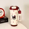 Cream cat coffee mug 316 stainless steel vacuum flask with strap and cartoon cat pattern - 500ml / Apple Black Cat