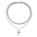 Collar de doble capa en acero inoxidable plateado con cadena cubana y cruz - 45cm / Color Acero (45cm) Cadena Doble