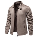 Detailed view of men's suede jacket featuring a vertical zipper pocket and ribbed stand collar - L / Khaki