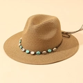 Cappello di paglia Panama con fascia bohémien decorata con conchiglie e turchese - M (56-58cm) / Cuoio