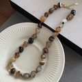 Natural tiger eye and agate beaded necklace with vintage gold lobster clasp and chain - Irregular Agate Necklace XL0833