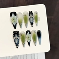 Handmade stiletto press-on nails with dark green and black gradient, 3D flowers and cross - Large (L) / 1163 Long Stiletto