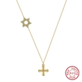 S925 sterling silver gold necklace with sparkling star and cross pendants - BQN05-Star Cross / Gold