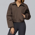 Cropped dark brown zip-up windbreaker jacket with elastic hem and classic collar - Coffee Brown