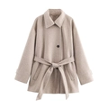 Manteau élégant en laine beige avec double col, ceinture et fermeture à bouton noir - XS / Kaki