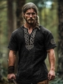 Detailed view of Viking V-neck shirt with Celtic knot embroidery and lacing texture - S / Charcoal Black (Compass/Runes)