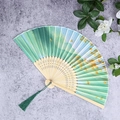 Chinese style folding fan with blue green gradient landscape and bamboo ribs - Ginkgo