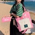 Pink canvas tote bag with cute corgi print and matching small pouch for students - Akita Dog (3-Way Bag With Pencil Case) / Pink
