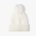 Women's cream knit beanie with ear flaps and a large faux fur pompom for winter - One Size / White